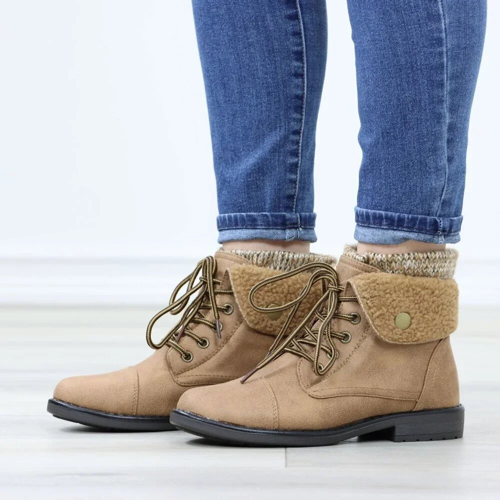 Sherpa Ankle Lined Combat Flat Heel Ankles Boots Tan Faux Leather - Picture 12 of 12